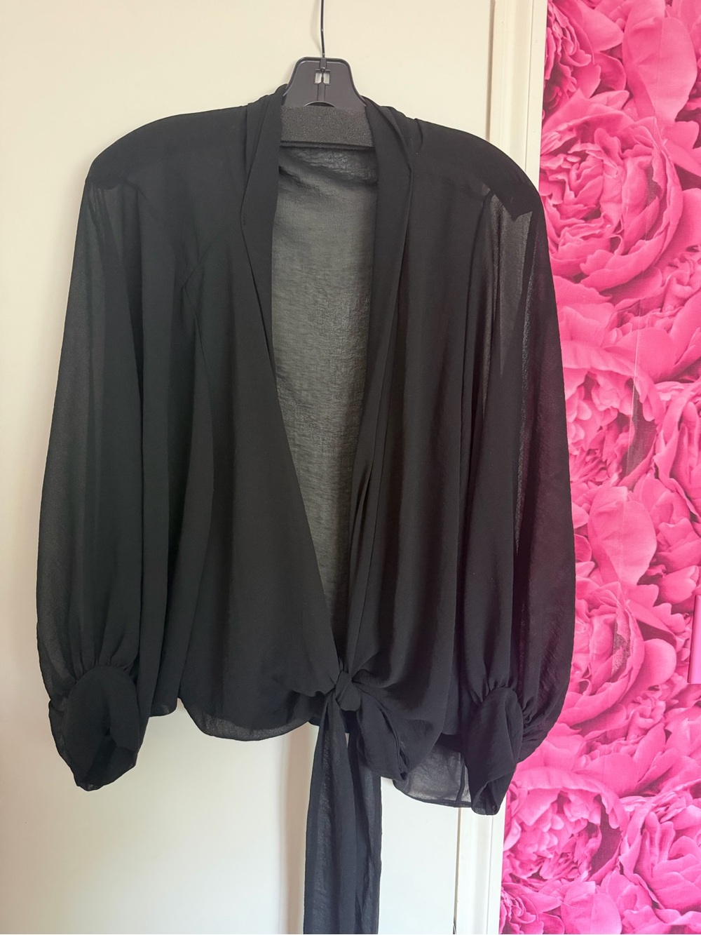 Black Tie-Front Sheer Blouse
